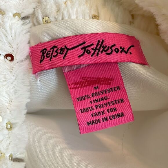 Betsey Johnson white faux fur vest with gold sequins - Picture 7 of 8
